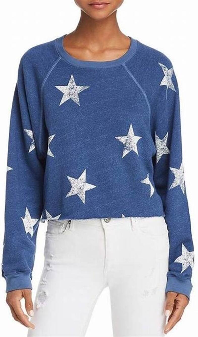 Monrow Blue Star Raglan Cropped Pullover Sweatshirt Size M